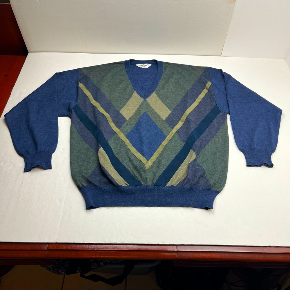 Dalmine Uomo Pure New Wool Pullover Sweater Abstract‎ Blue Green Grey XXXL 90s